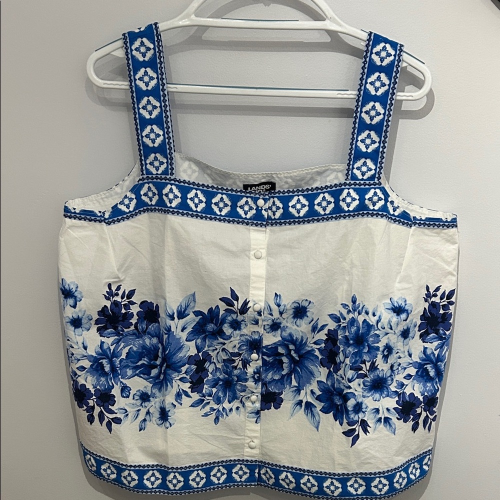 Lands End Blue and White Floral Blouse